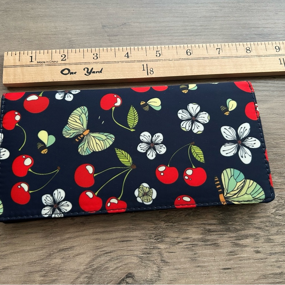RFID Cherry Print Long Wallet Navy Floral Butterfly Card Holder - Picture 2 of 8